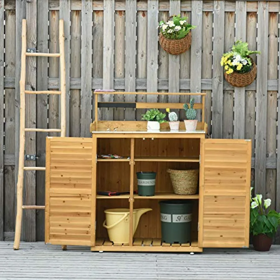 Garden Potting Bench Table: Wooden Workstation For Outdoor Use, Natural Wood Color, Sturdy Construction With Tabletop, Hooks, 3