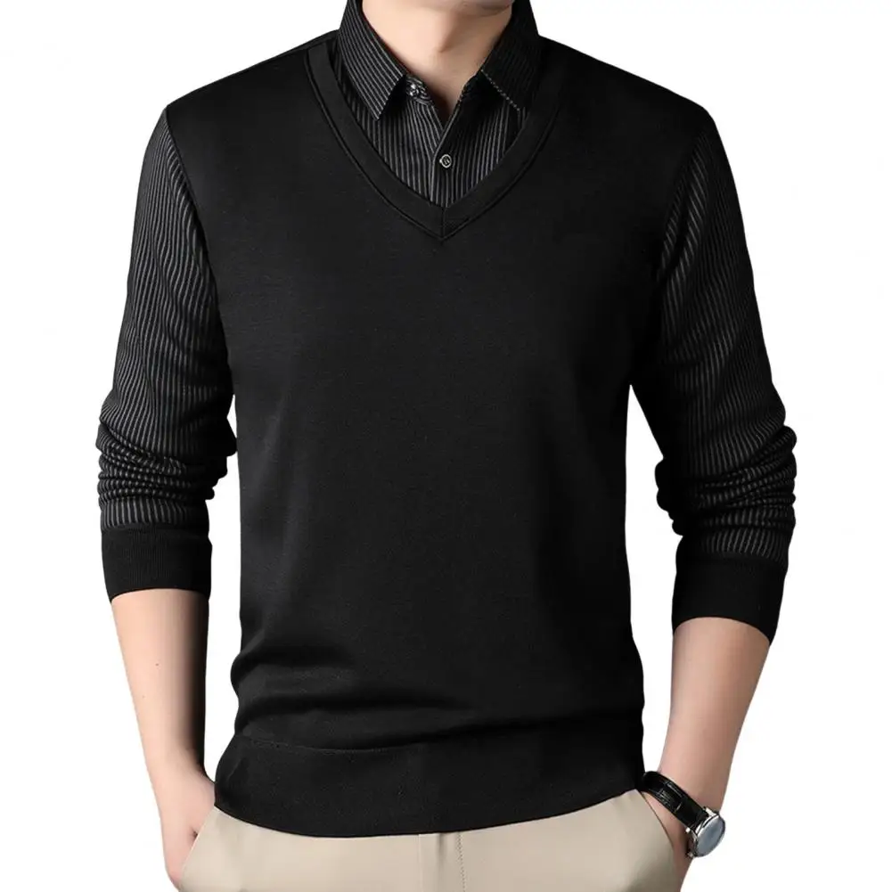 Camisola masculina falsa camisa de duas peças e suéter formal estilo empresarial lapela manga comprida top listrado