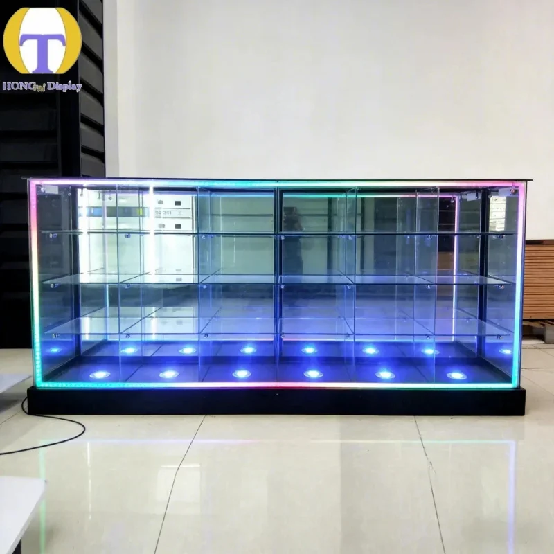 custom.Custom Modern Tempered Glass LED Lighting Heavy Duty Multifunctional Display Showcase Cabinet Barrister Shelf Showroom Bl