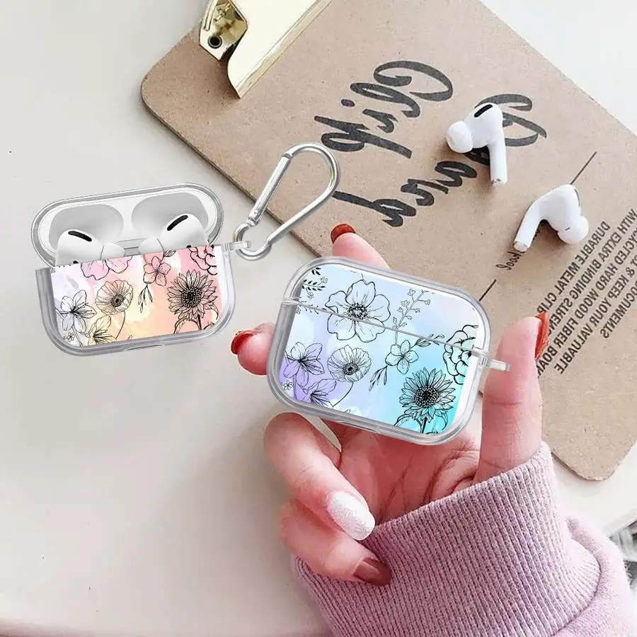 

Case For Airpods 3 4 Pro2 1 Pro3 Pro 2 Clear Earphone Cases Cover Line Art Flower