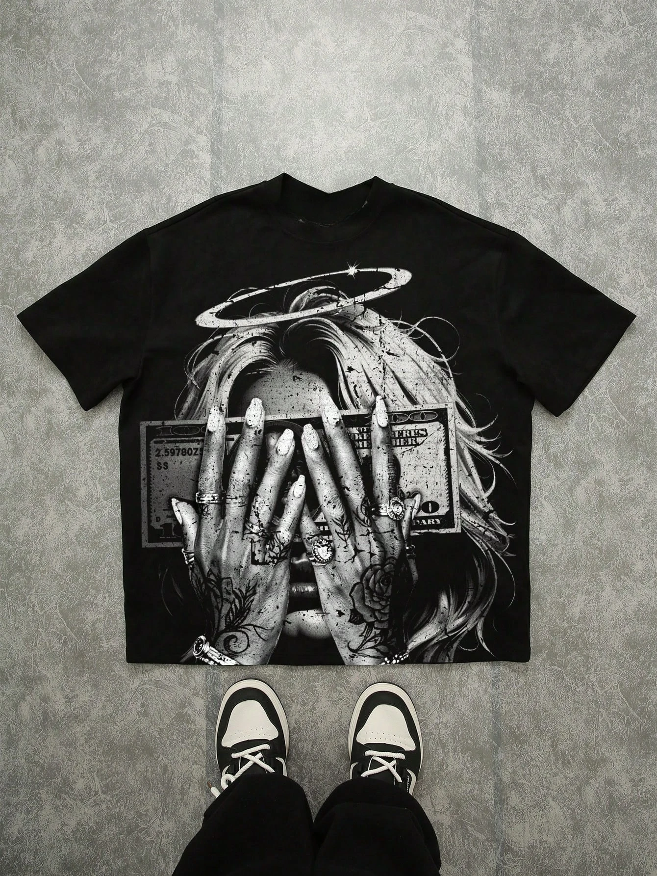 Family Matching T‑Shirt Black Grunge Angel Halo Lady Money Tattoo Hand Front Print Hip‑hop Streetwear Sleeve Tee Tops