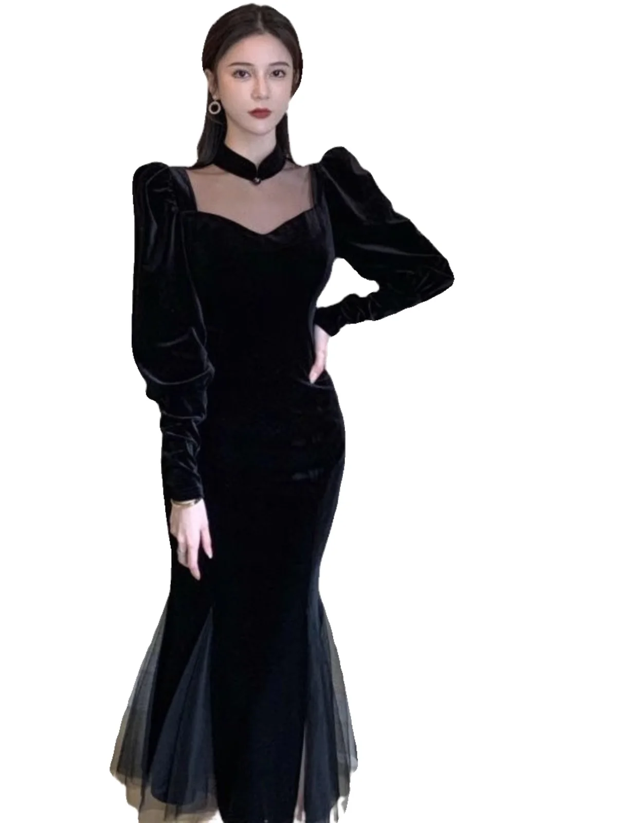 Vestido Slimming de Malha de Veludo com Estilo Retro para Mulheres, Novo Estilo de Outono, Vestido de Camada Base E co...