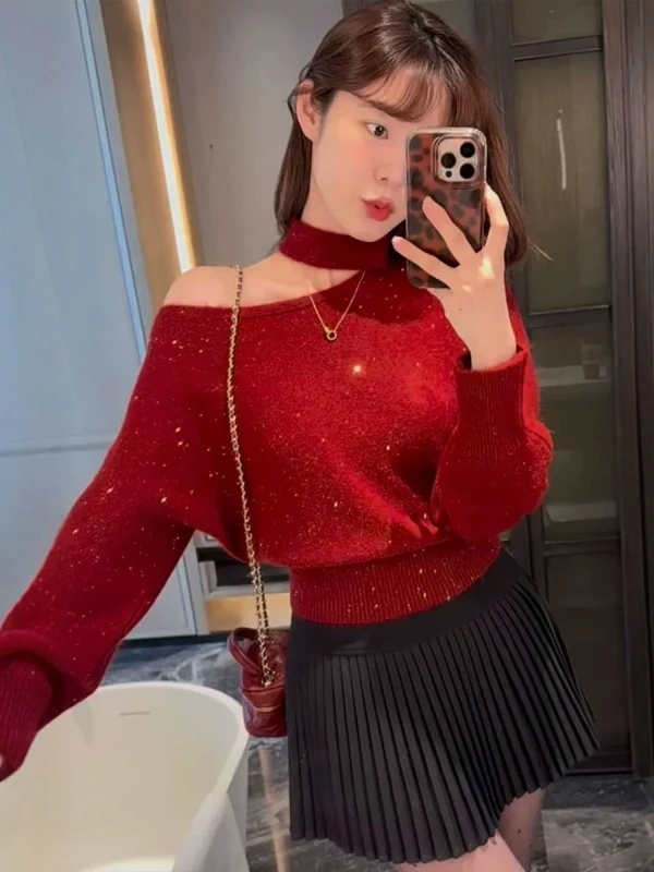 

Красный свитер с открытыми плечами и воротником-хомутом для женщин, свободный вязаный топ на раннюю весну, повседневный стиль, стандартный крой, средней мягкости