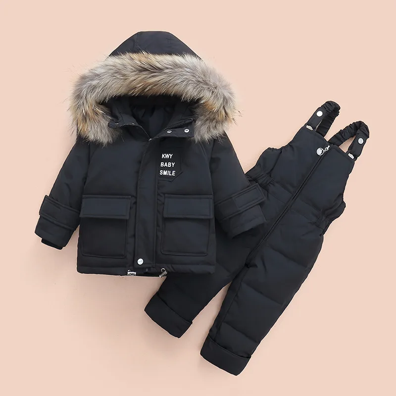 Children\'s Down Jacket Suit New Winter Baby Boys Suspender Trousers Male Child Toddler Girl Raccoon Hair Ski Suit 80-100