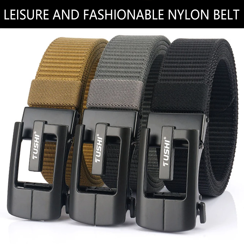 TUSHI New Men Metal Luxury Automatic Buckle High Quality Belts for Men Business Work Nylon Casual Strap Sports Quick Drying Belt