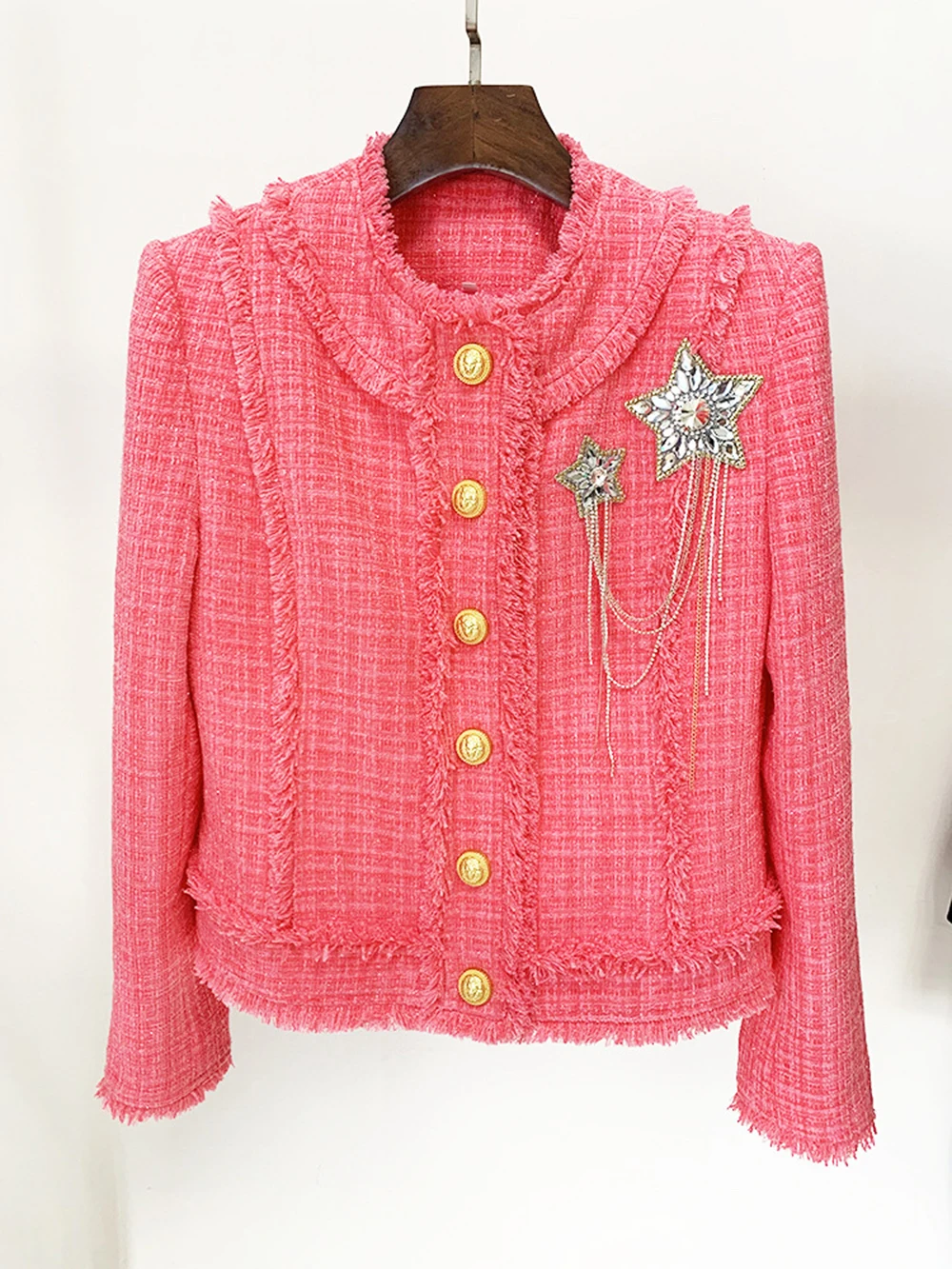 Modphy Winter Sweet Luxury Tweed Rose Pink Jackets Women Diamond Tassels Woollen Coats Elegant Straight Outerwear Tops Female