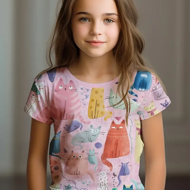 Kinderkleding Kinder T-Shirt Meisje Korte Mouw Top Cartoon Kat Kawaii Meisjes Zomerkleding Kind T-Shirt Kinderkleding