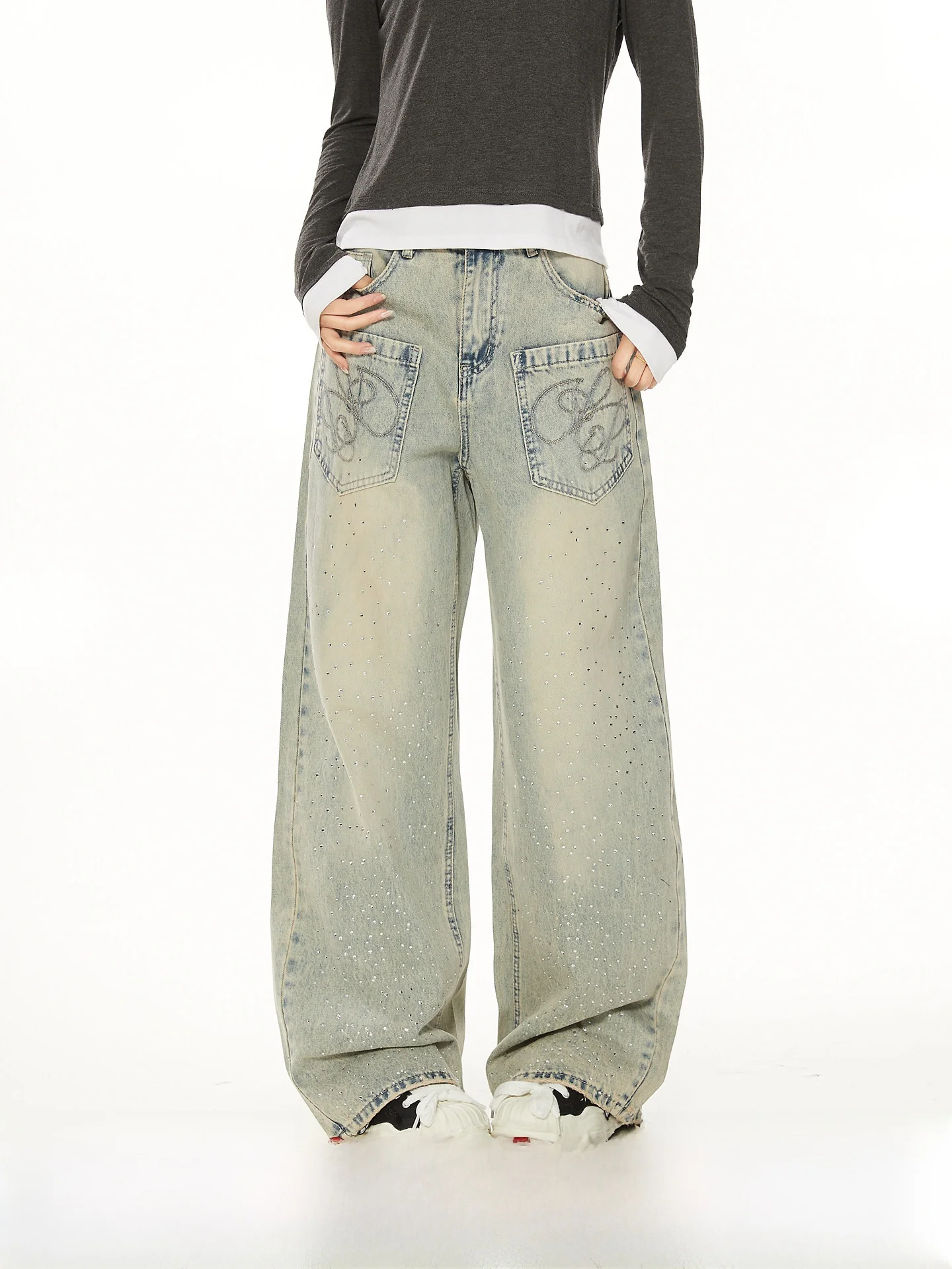 

Женские джинсы свободного кроя с вышивкой стразами, весна-осень, новые, модные, элегантные, струящиеся, длинные брюки