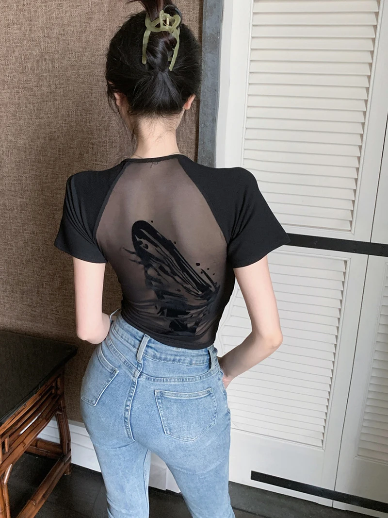 Women T-shirt Turtleneck Shirts Long Sleeve Sexy Y2k Clothes Print Hollow Backless Blouses Clubs Streetwear Black Tops Korean