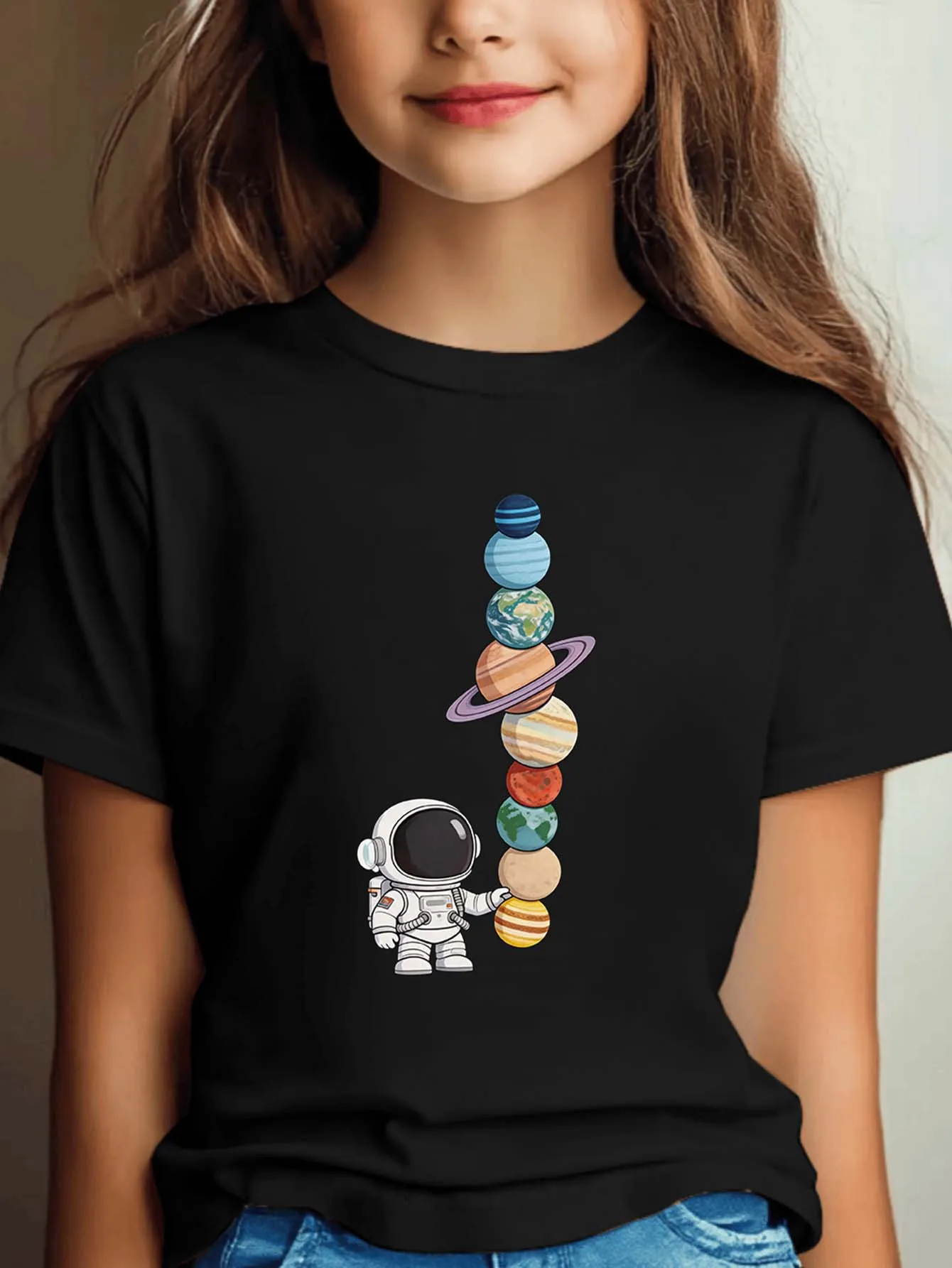 Astronaut Planet Print Boys Girls T Shirt Space Galaxy Pattern Kids Tee Parent Child Matching Casual Summer Family Daily Tops
