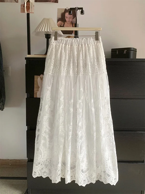 plus Size 300 Pounds Lace Mesh Half Skirt Women's Summer Loose First Love White Midi Skirt High Waist A-Line Korean Style