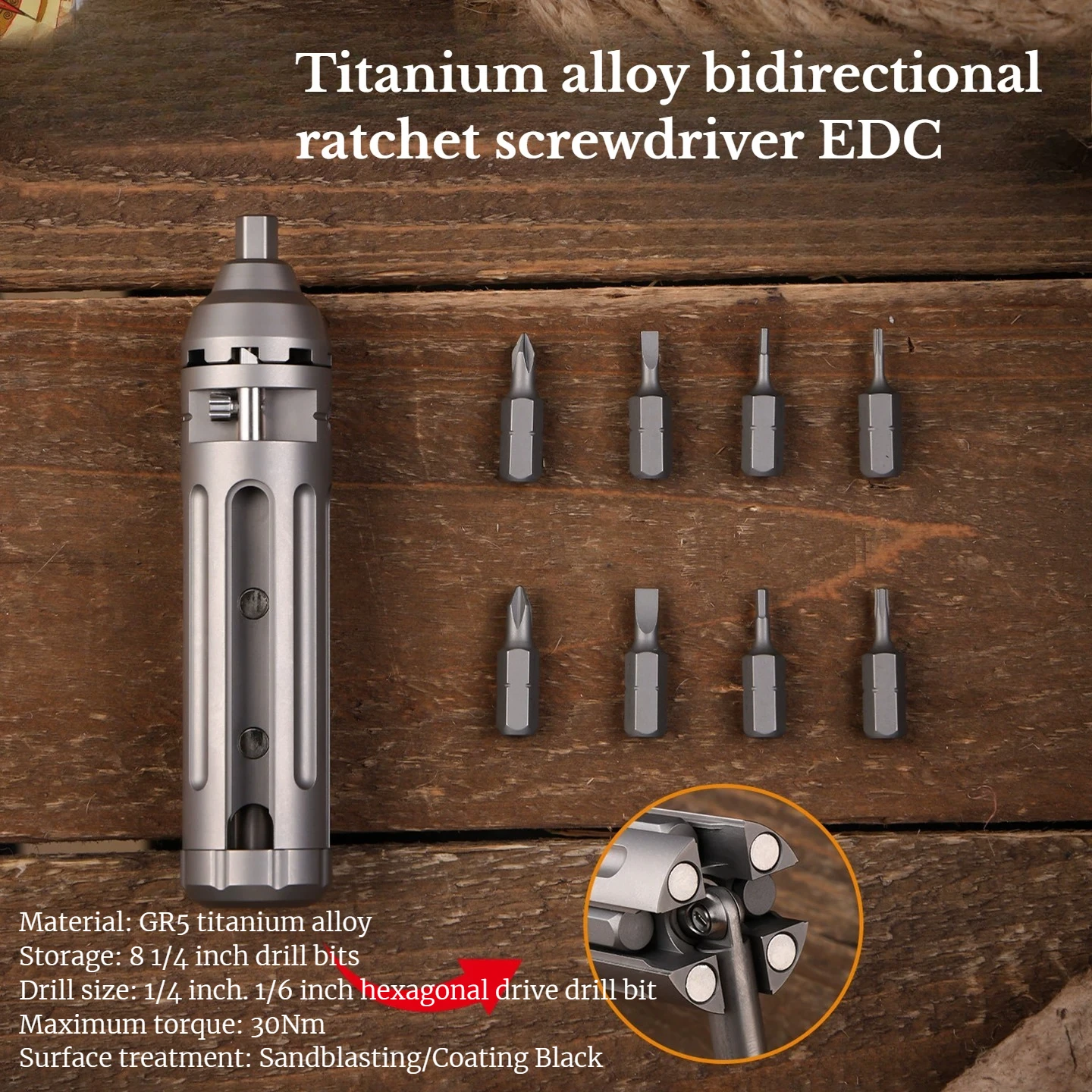GR5Titanium Alloy Bidirectional Ratchet EDC Screwdriver Multifunctional Tool with Built-in Batch Head Compartment