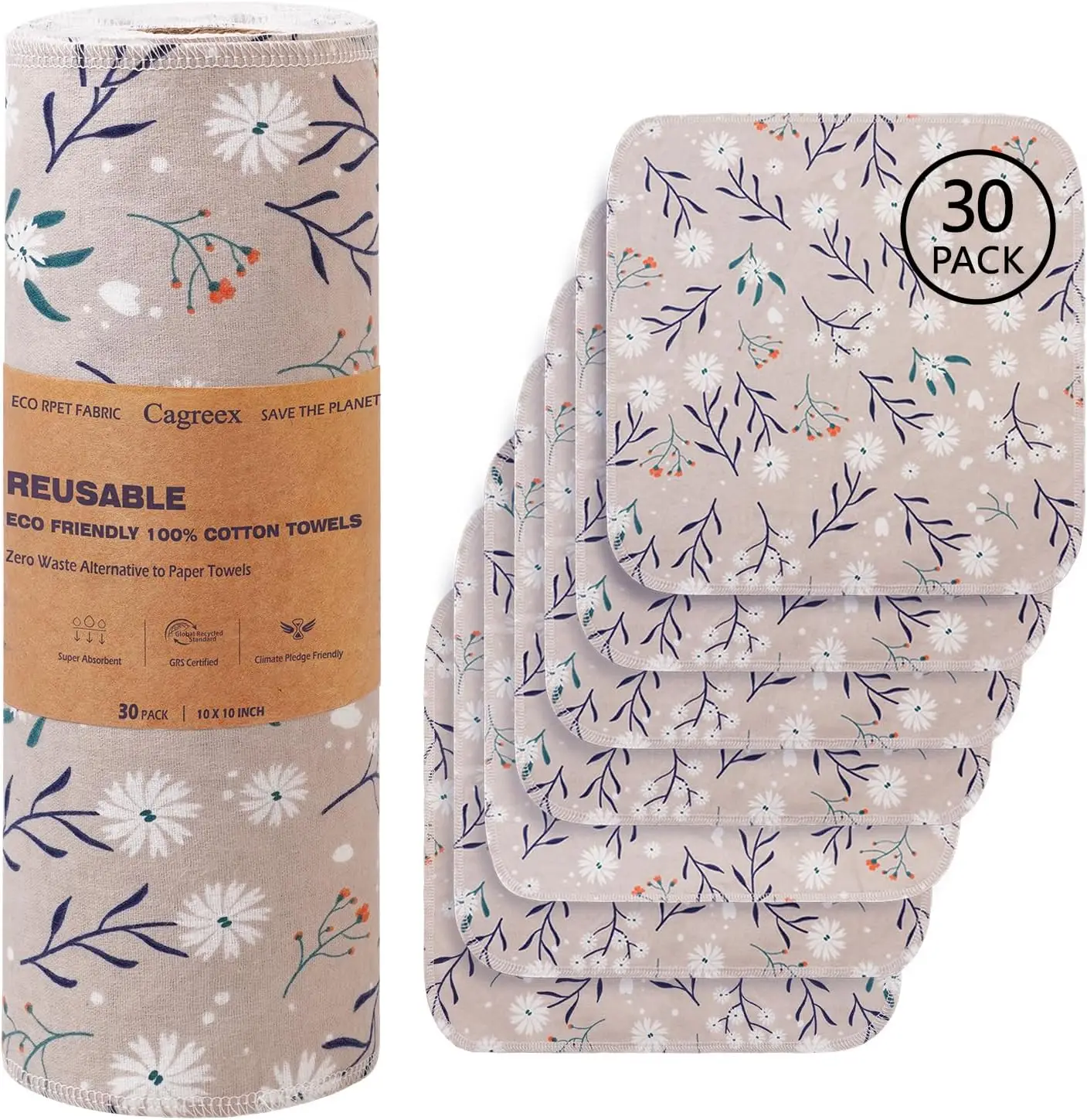 

30-Pack Reusable Cotton Dishcloths, 10x10 Absorbent Kitchen Towels, Washable Paper Towel Alternative