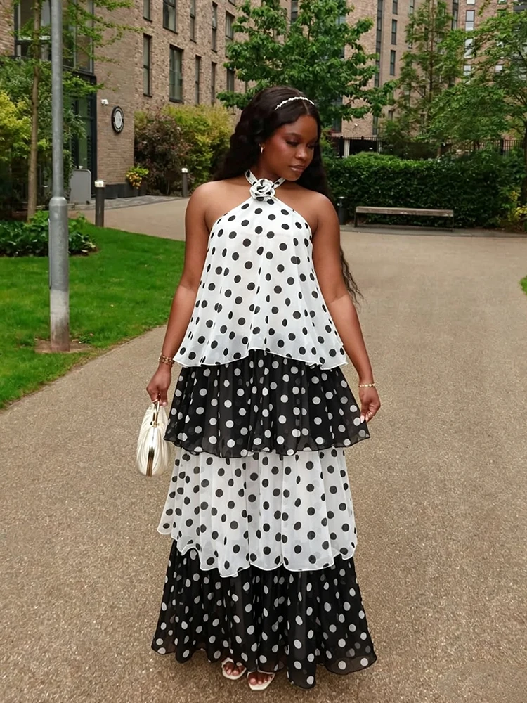 Casual Loose Polka Dot Maxi Dress for Women Halter Neck Floor Length Dress Tiered Summer Holiday Wear Backless Long Dress