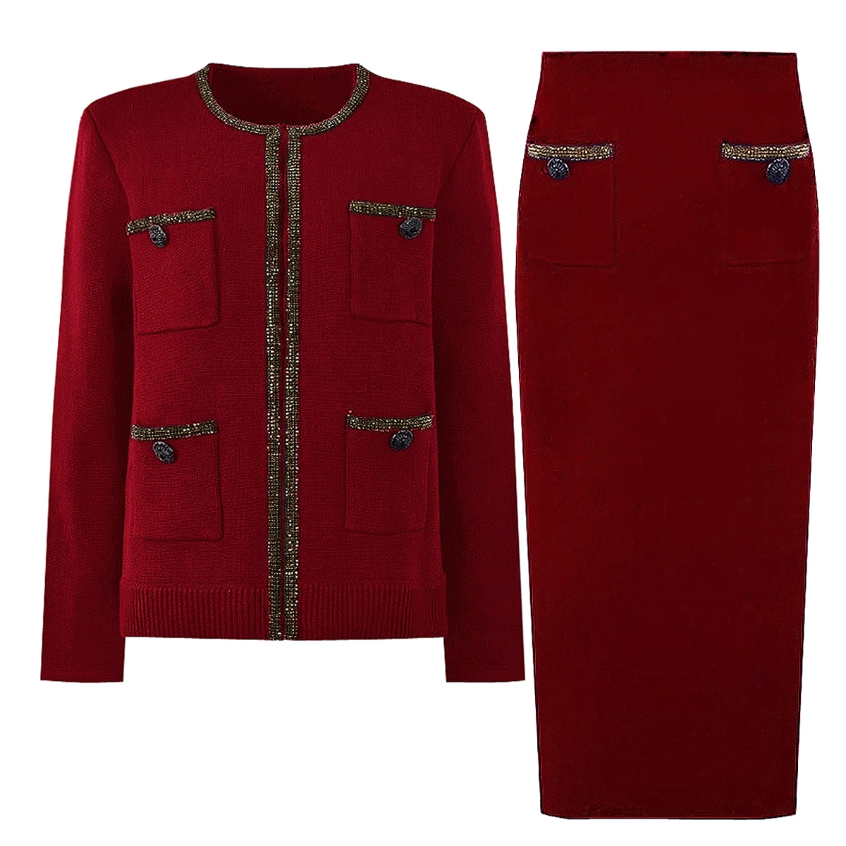 

High Quality New Fashionable Elastic Knitted Round Neck Nail Bead Button Pocket Cardigan Slim Fit Skirt Women's Set