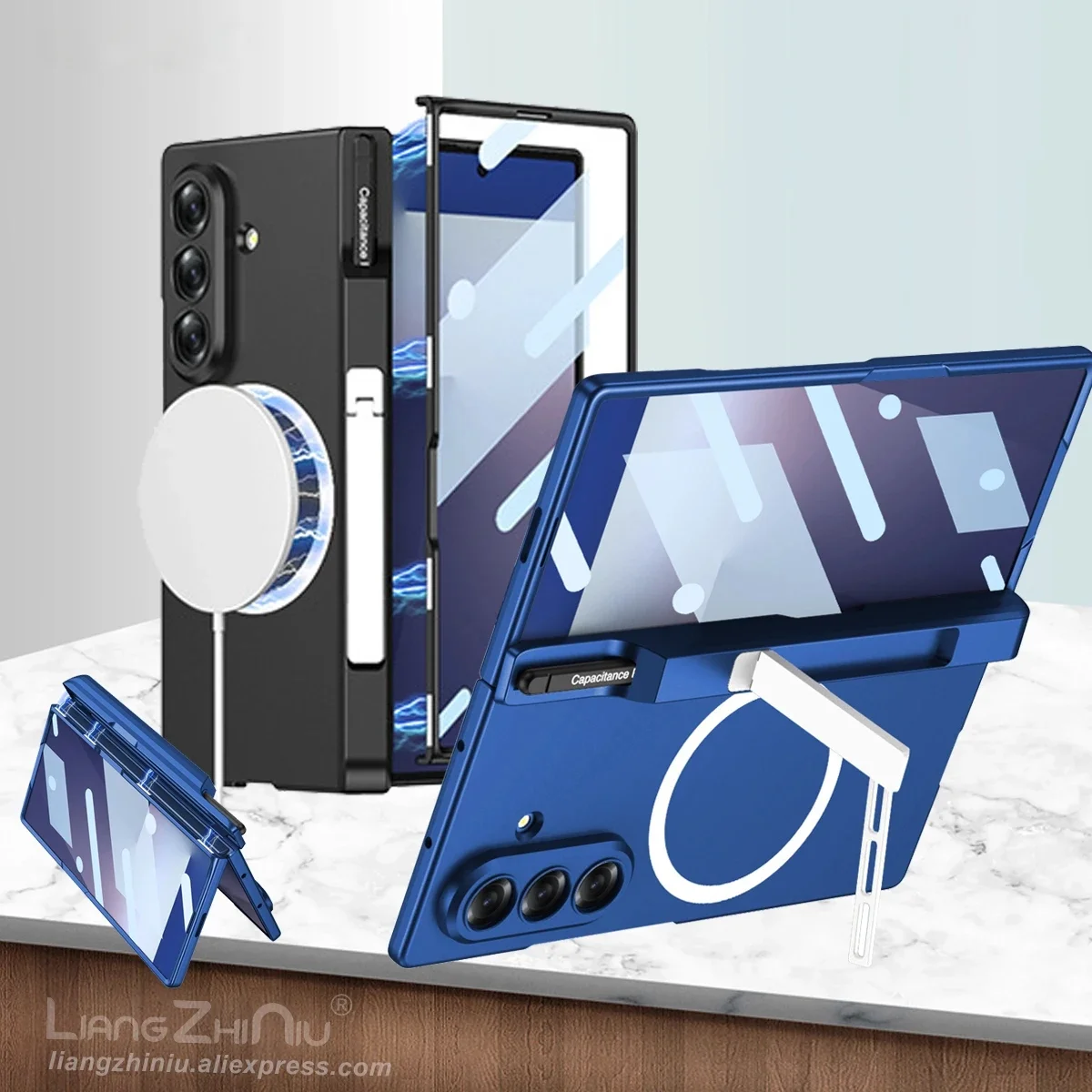 

For Samsung Galaxy Z Fold 7 Case Magnetic Hinge Pen Slot Folding Stand Magsafe Charging With Front Screen Protector(With Pen)