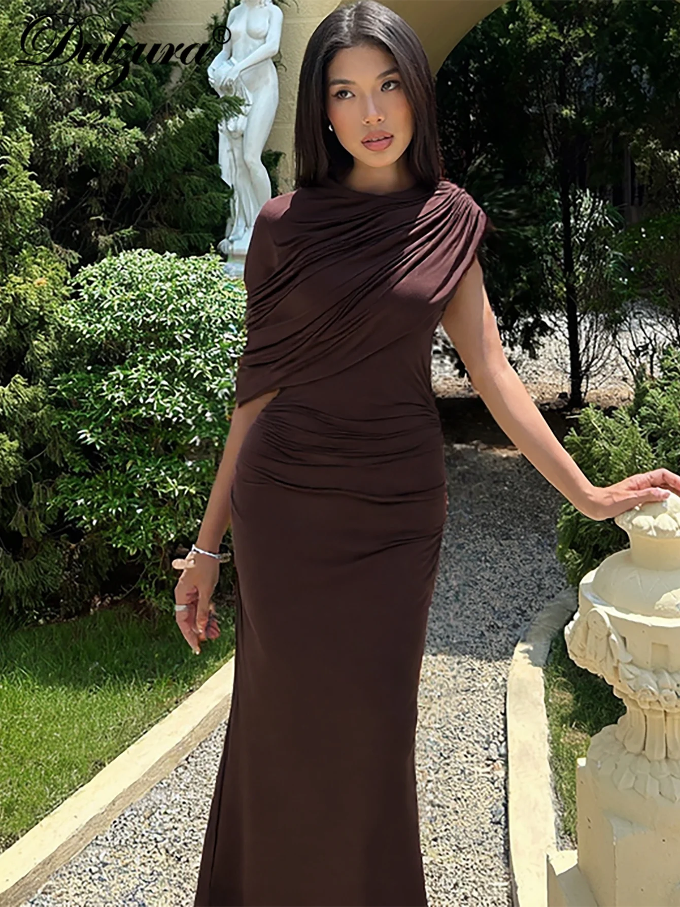 Dulzura été mode élégant col rond sans manches froncé coupe ajustée longue robe femmes solide tenue décontractée fête Club vêtements de rue