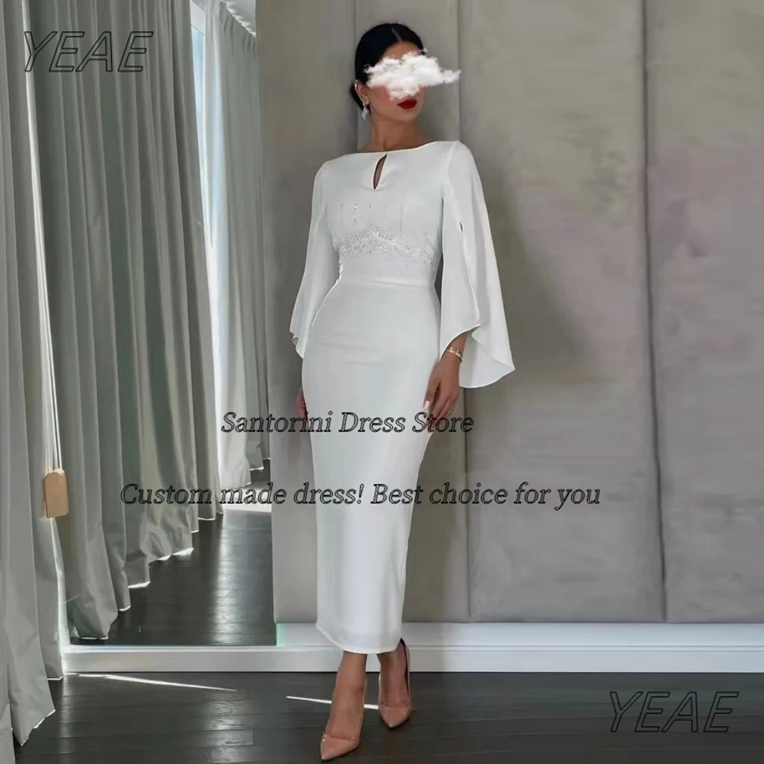 

Santorini Robe Des Marrige Keyhole O-Neck Prom Dresses Beading Long Sleeves Evening Gowns Ankle Length Party Dress Customized