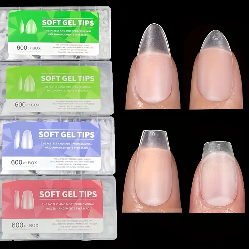 Caja de 600 puntas de uñas cortas de almendra: pegatinas de uñas de gel mate mejoradas, sin necesidad de lima, cobertura completa preformada, puntas de uñas postizas acrílicas transparentes de almendra cortas para extensiones de uñas trepadoras, 12 tamaños