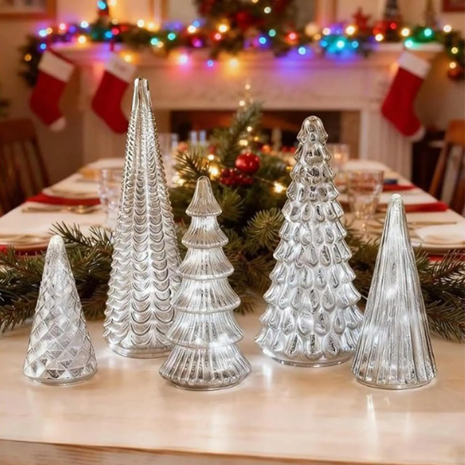 5-Piece Acrylic LED Christmas Tree Set, Lighted Artificial Table Tree for Indoor Home Desk, Office, Fireplace Mantel Decor