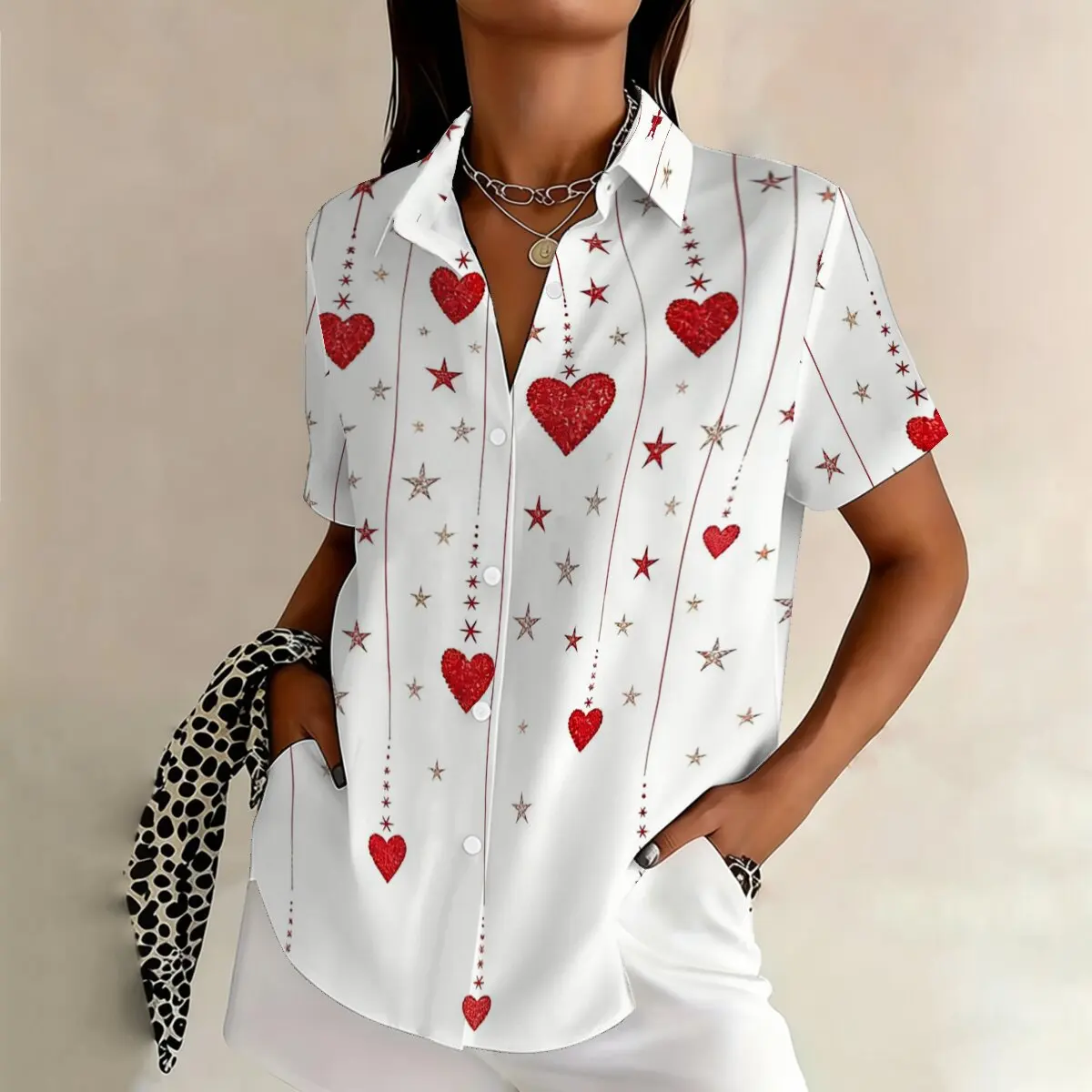 

Fashion plus-size women's short-sleeve shirt with unique heart design,romantic and relaxed,elegant for datingigatherings