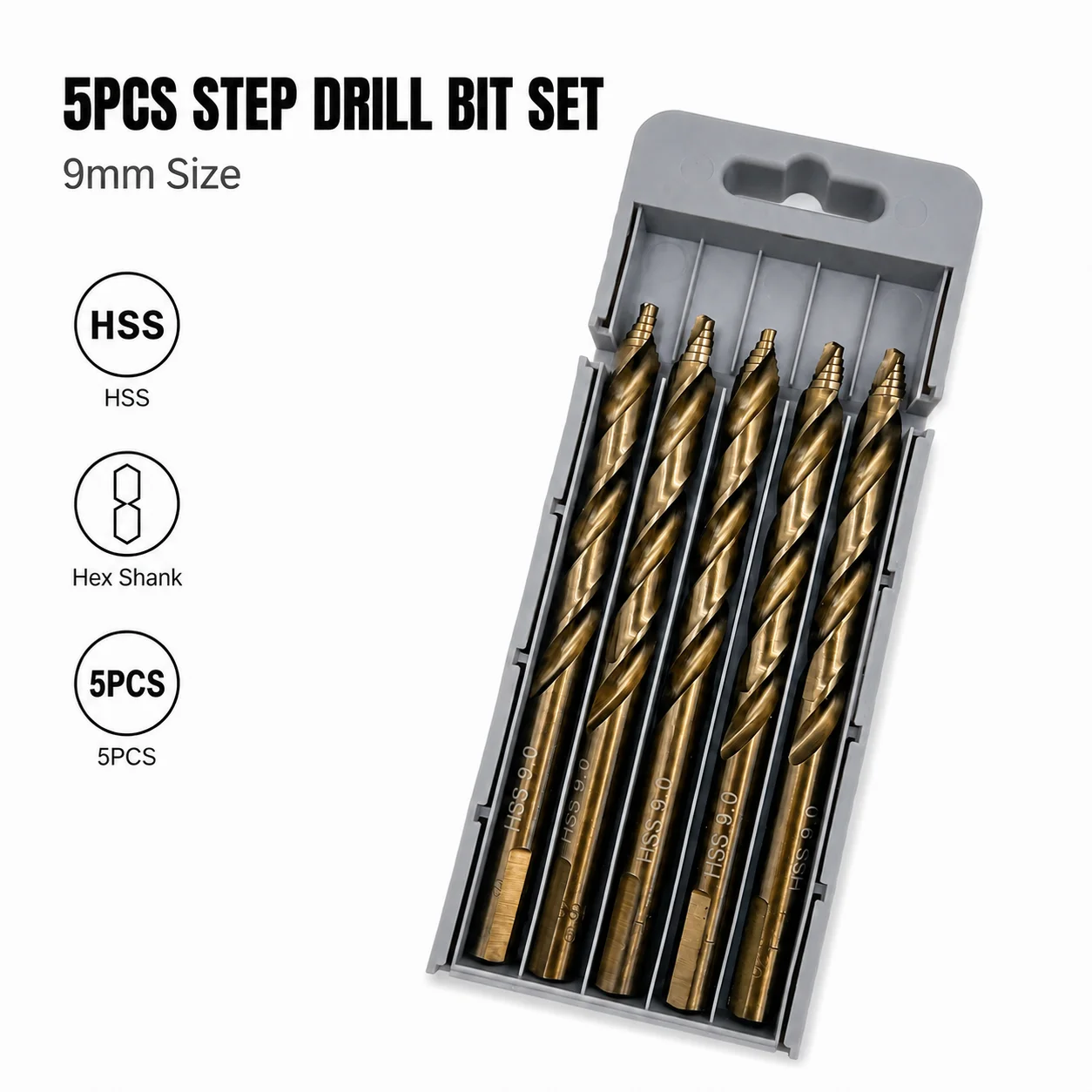 5Pcs 9mm HSS Twist Drill Bits, 1/4