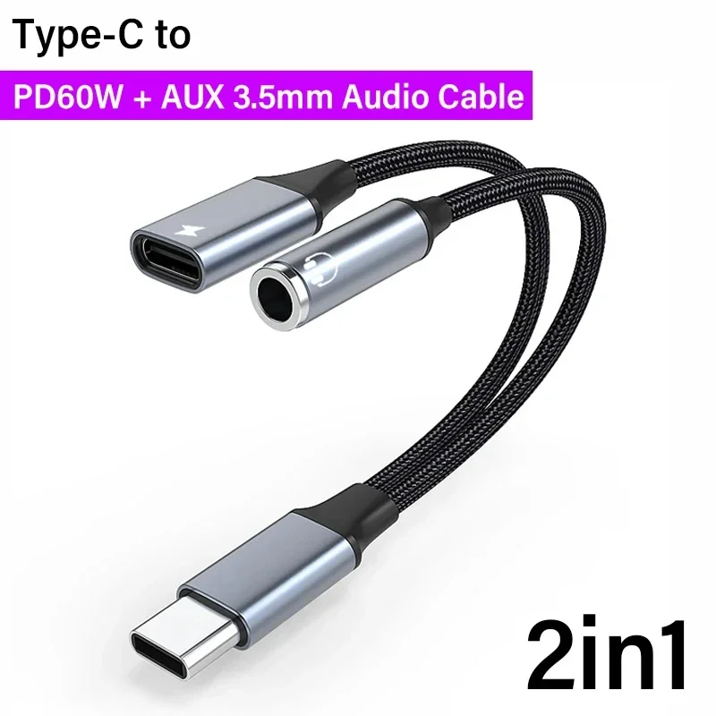 Typ-C zu 3,5mm PD 60W USB-C AUX-Kabeladapter mit 2-in-1 Kopfhöreranschluss Audio-Kabel für Xiaomi Huawei Ohrhörer