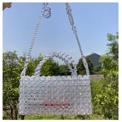 Elegant Pearl Transparent Shiny Wome Phone Bag Cute Hand-beaded Travel Vacation Beach Bag Hand-woven Purse Clear Summer