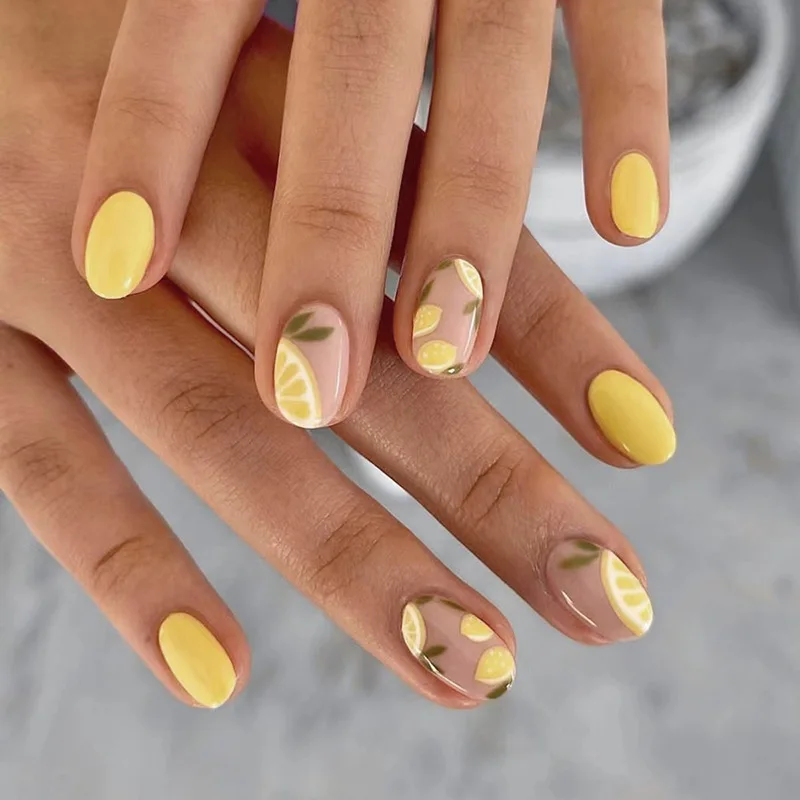 Uñas postizas de cabeza redonda para niñas, uñas acrílicas con diseño de prensa, color amarillo limón, 24 piezas, baratas