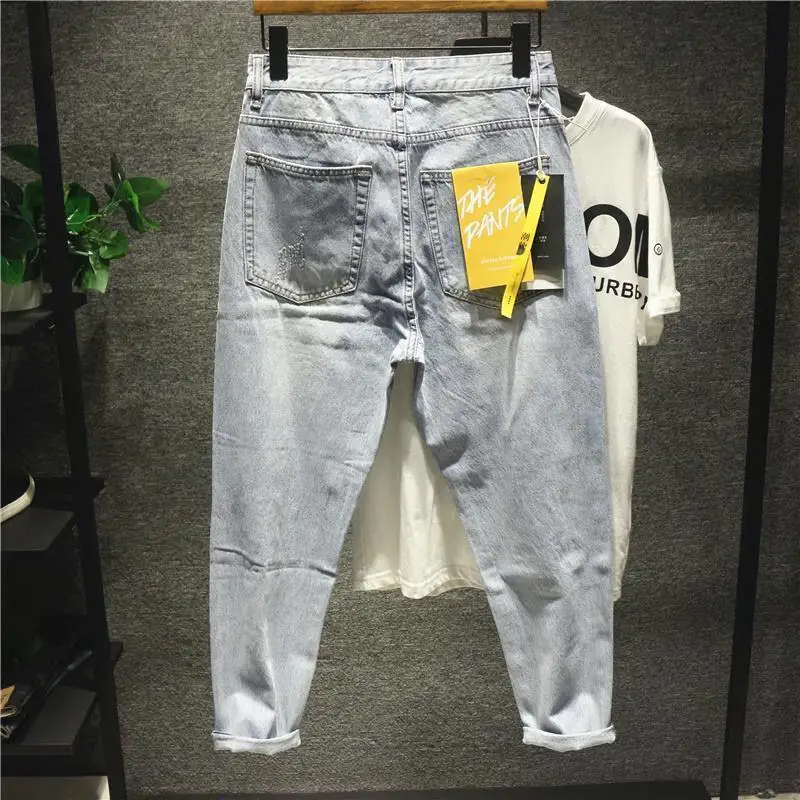 MEN's Casual Denim Jeans Loose-fit with Ripped Patches and Frayed Hems for Spring and Autumn Washed Harem Cotton Trousers Male