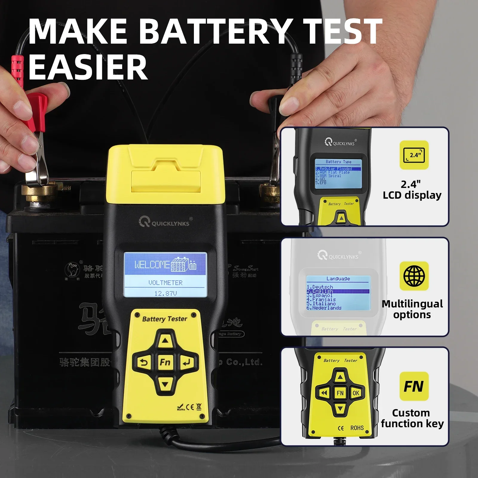 2025년 핫세일 퀵링크스 BA1000 리튬이온 배터리 테스터 (차량용 12V, 프린터 포함) 자동차 배터리 테스터 (프린트 기능 포함) 6V 12V