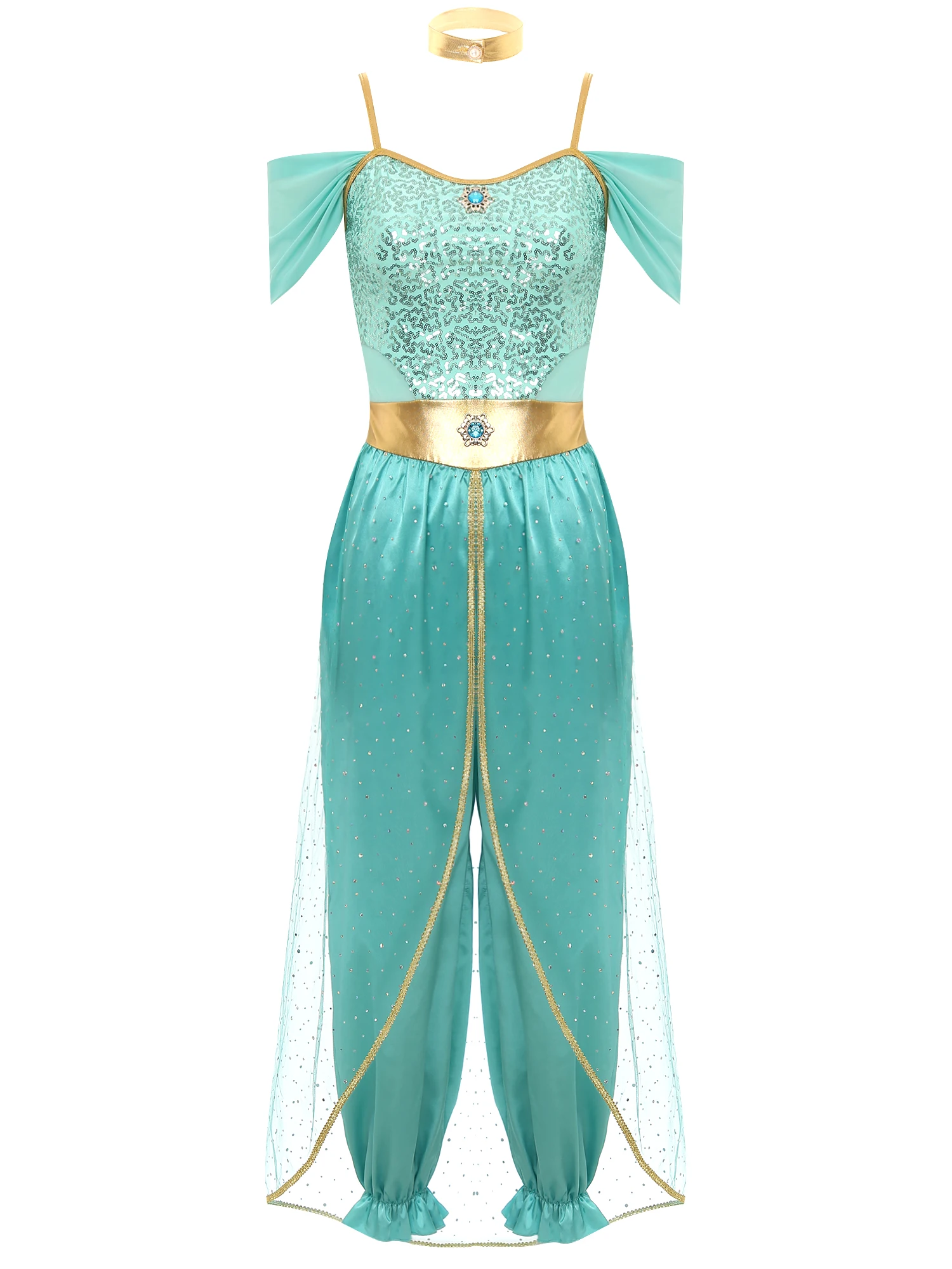 Womens Belly Dance Costume Carnival Festival Arabian Princess Cospaly Costumes Romper with Metallic Shiny Choker for Halloween