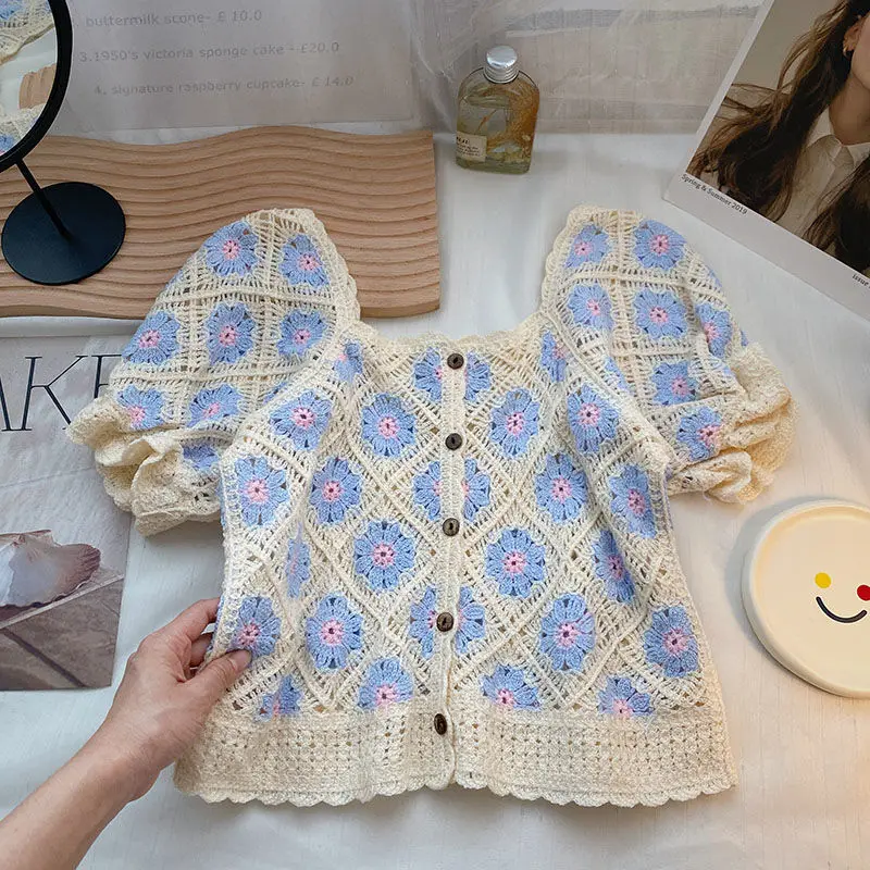 Granny Square Crochet Top Puff Sleeve Square Neck Button Front Open-knit Blouse Crop Cardigan Women Teengirl Fairycore Outfit