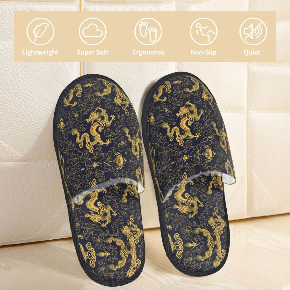 Winter House Cotton Shoes Slippers Chinese Traditional Golden Dragon Household Fur Slippers Slides Bedroom Cozy Anti-skid Slides