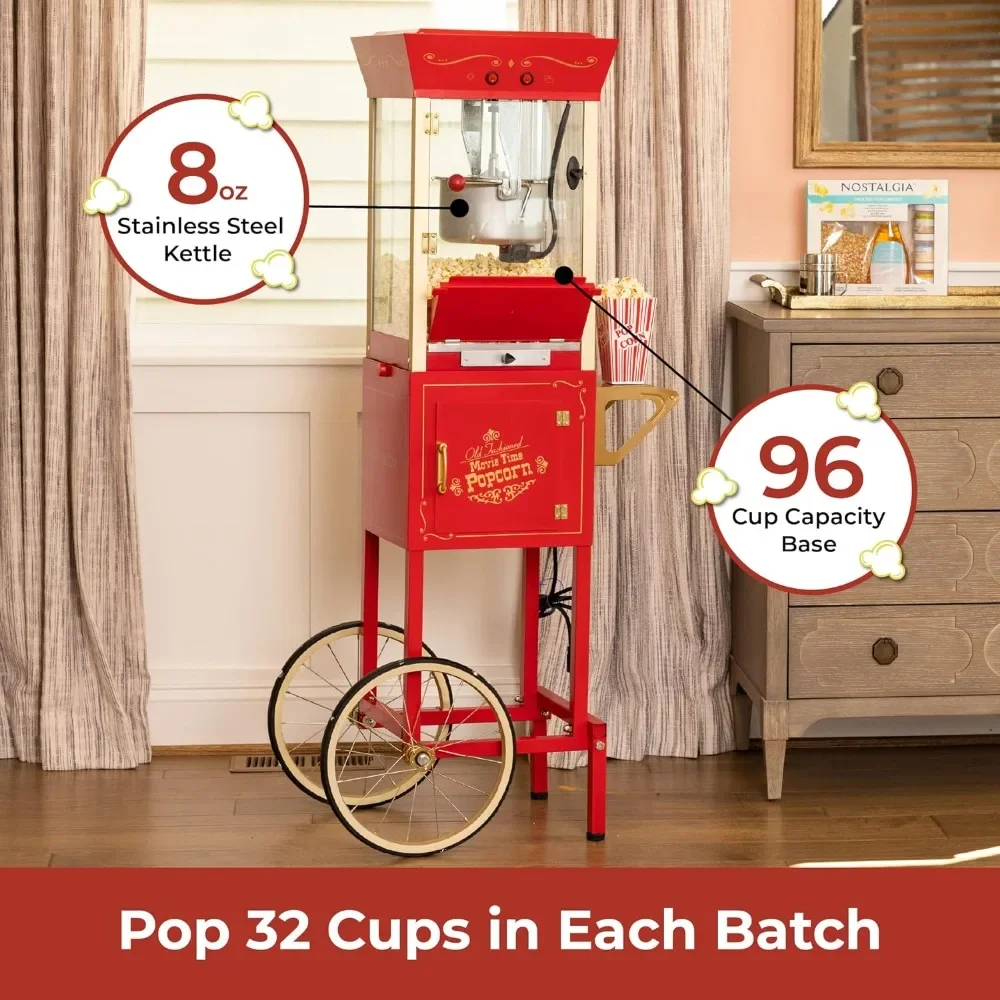 Popcorn Maker Machine, Professional Cart With 8 Oz Kettle Makes Up to 32 Cups, Vintage Popcorn Machine Movie Theater Style - Red