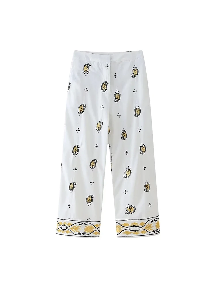 

Chic Lady Fashion Embroidery Print Summer Straight Long Pants Womens Elastic Waist Drawstring White Casual Trousers