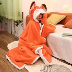 Winter Cartoon Fox Thick Wearable Blanket Nap Cloak Nightgown Office Blanket Adult Cloak