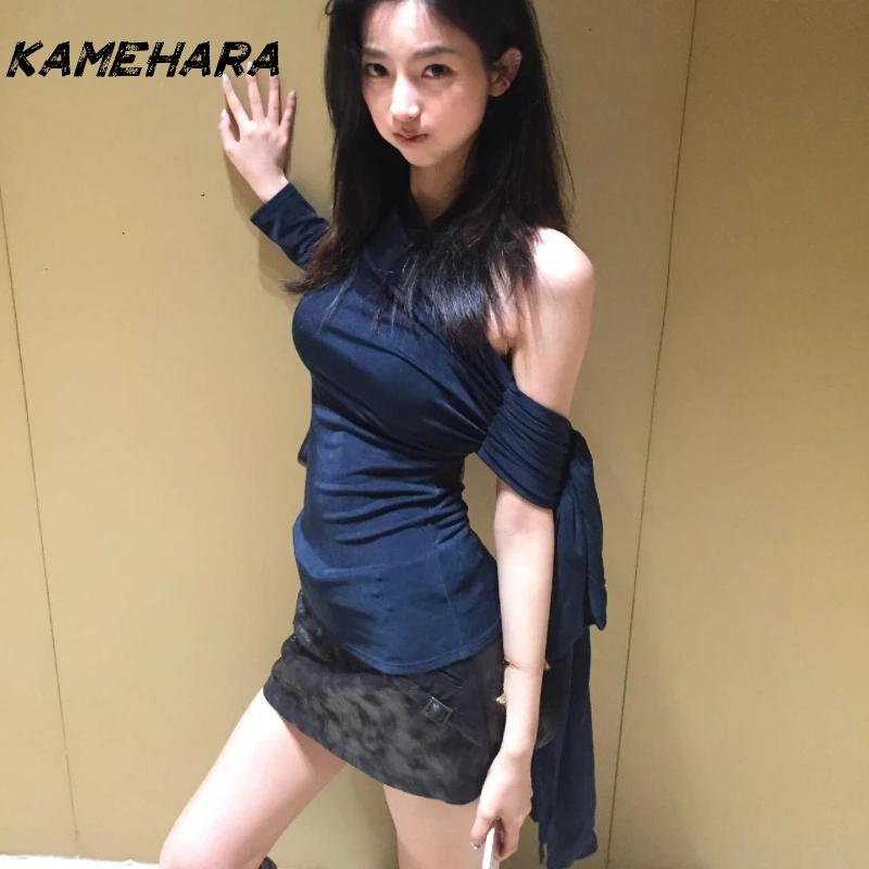 

KAMEHARA Spring Spicy Girl Style Irregular Camisole Top Y2k Black Slanted Shoulder Ribbon Long Sleeve Slim Fit Korean Style Tops