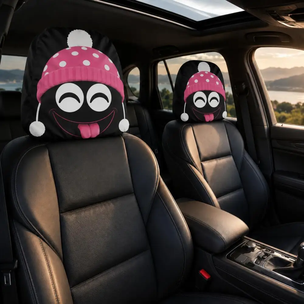 1Pc Cute Black Coal Ball Car Headrest Cover, Pink Polka Dot Beanie, Winking Tongue-Out, 2D Printed, Elastic Universal Fit