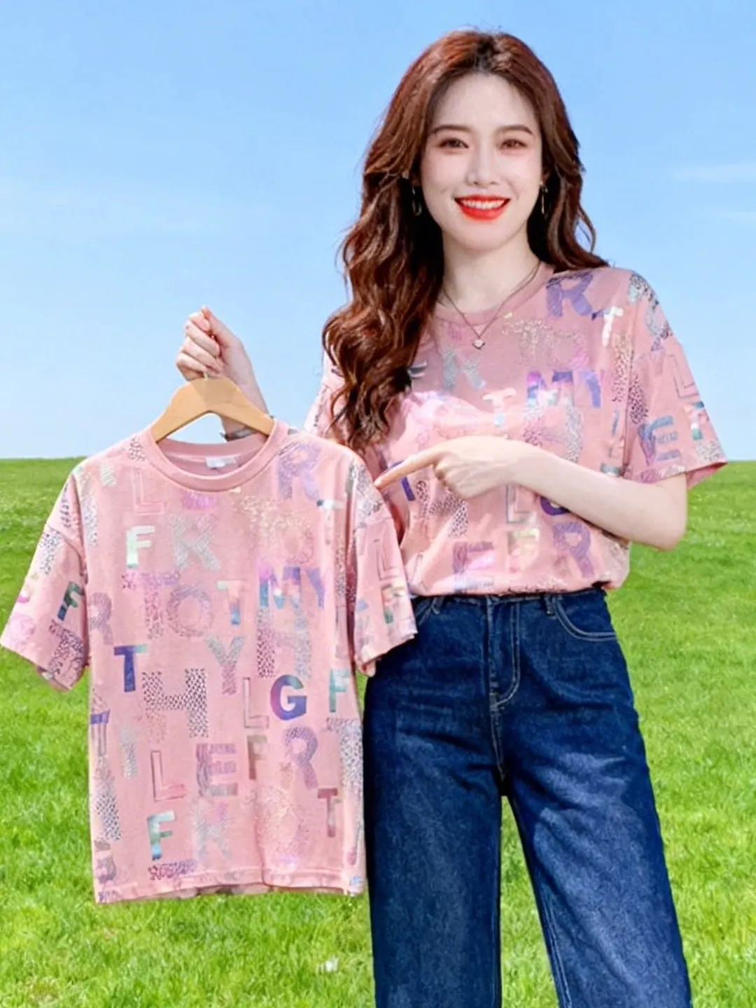 

Loose Shoulder Short Sleeve round Neck T-Shirt Women's Fashionable Summer Top Versatile Polyester Fiber Casual Style