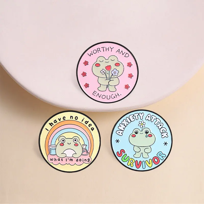 Anxiety Attack Survivor Enamel Pins Mental Health Frog Worthy And Enough Brooch Inspirational Self‑Care Quotes Badge Jewelry Gif