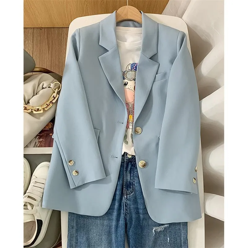 Suit Jacket For Women 2024 New Spring Autumn Korean Version Loose Casual Two Button Light Blue Suit Coat Casaco Feminino