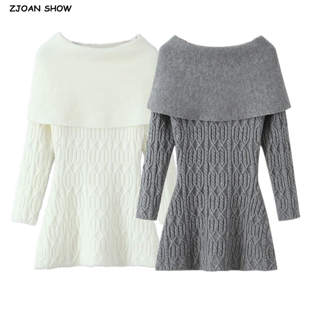 

2025 Autumn Winter Sexy Ruched Slash Shoulder Knitted Mini Sweater Dress Women Twist Slim Fit A-line Full Sleeve Robe Knitwear