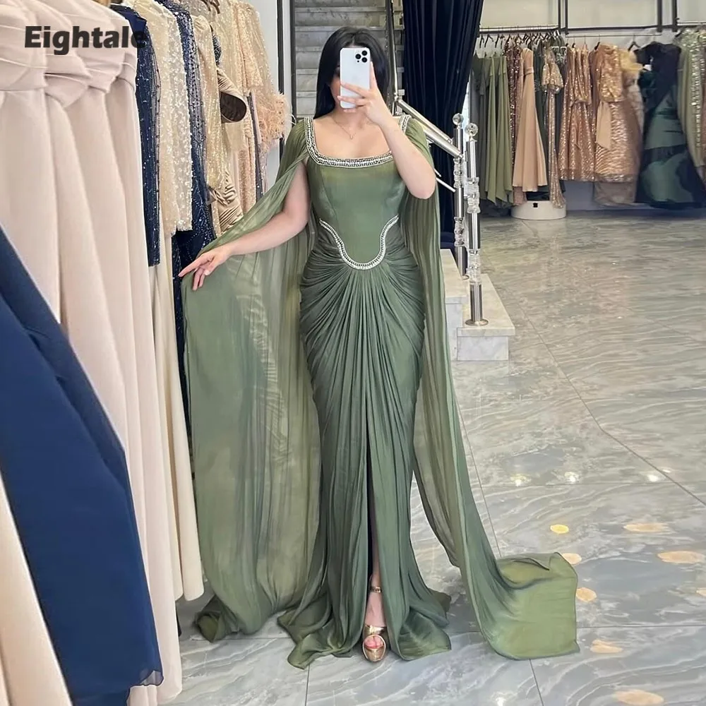 

Eightale Arabic Evening Dress High Neck Pleats Crepe Customized Floor Length Muslim Green A-Line Prom Wedding Party Gown