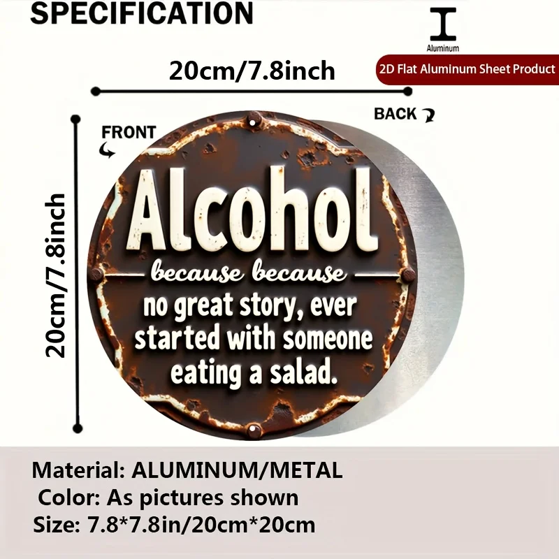 1pc Rustic Alcohol Funny Quote Bar Round Metal Sign 20x20cm 2D Flat Backyard Tiki Pub Patio Wall Decor Gift