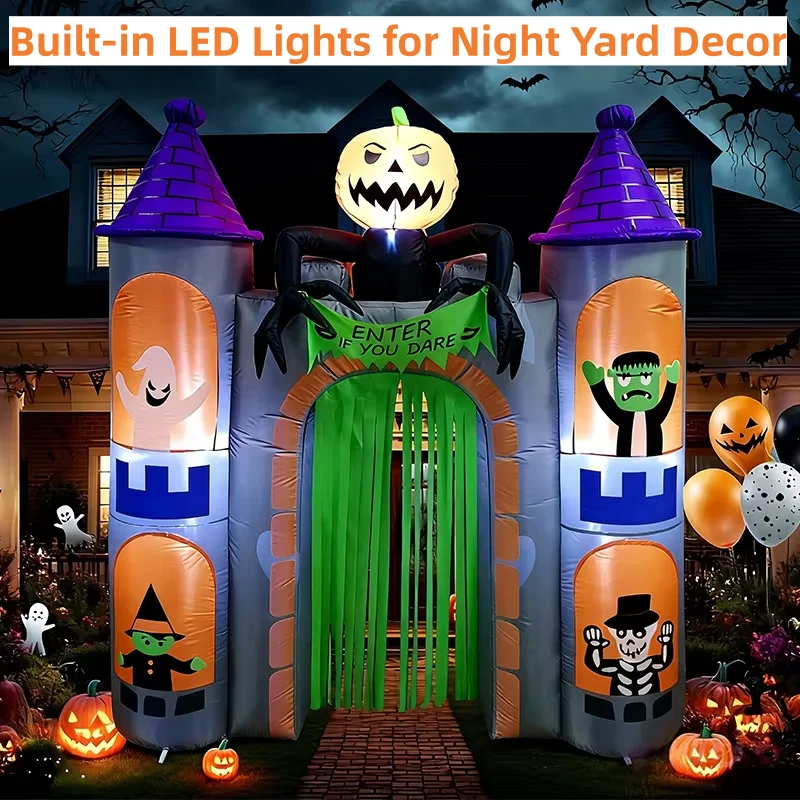 8FT Spooky Halloween Inflatable Haunted Castle Archway LED Lights Ghost Witch-Outdoor Holiday Decoration Custom Available