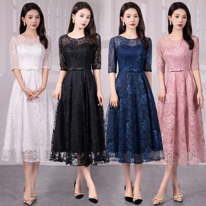 

Ele Lace Mid-Length Slim Fit Evening Dr with Sve for Women 2025 New Sle opee Cross-Border Waist-Cinching Gown