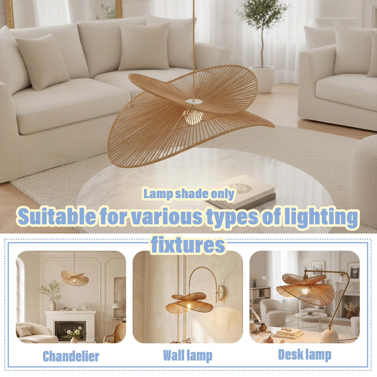 Wabi-Sabi Style Hand Woven Rattan Wall Lamp Shade Radial Hollow Rope Wicker Light Cover for Artistic Projection Shadow