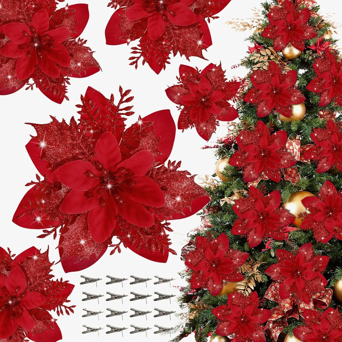 

Christmas Poinsettia Artificial Flower Decoration Glitter Poinsettia Christmas Tree Ornaments Black Tree Flower for Wedding Home