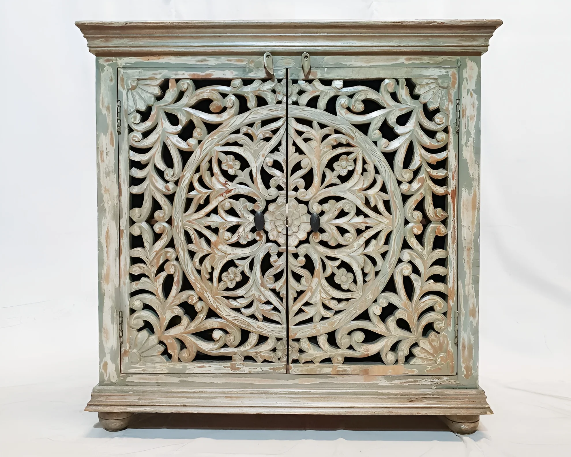 Modern Boho Vintage Convertible Bedside Nightstand Handcrafted Solid Teak Wood Intricate Carvings Bedroom Furniture Apartment